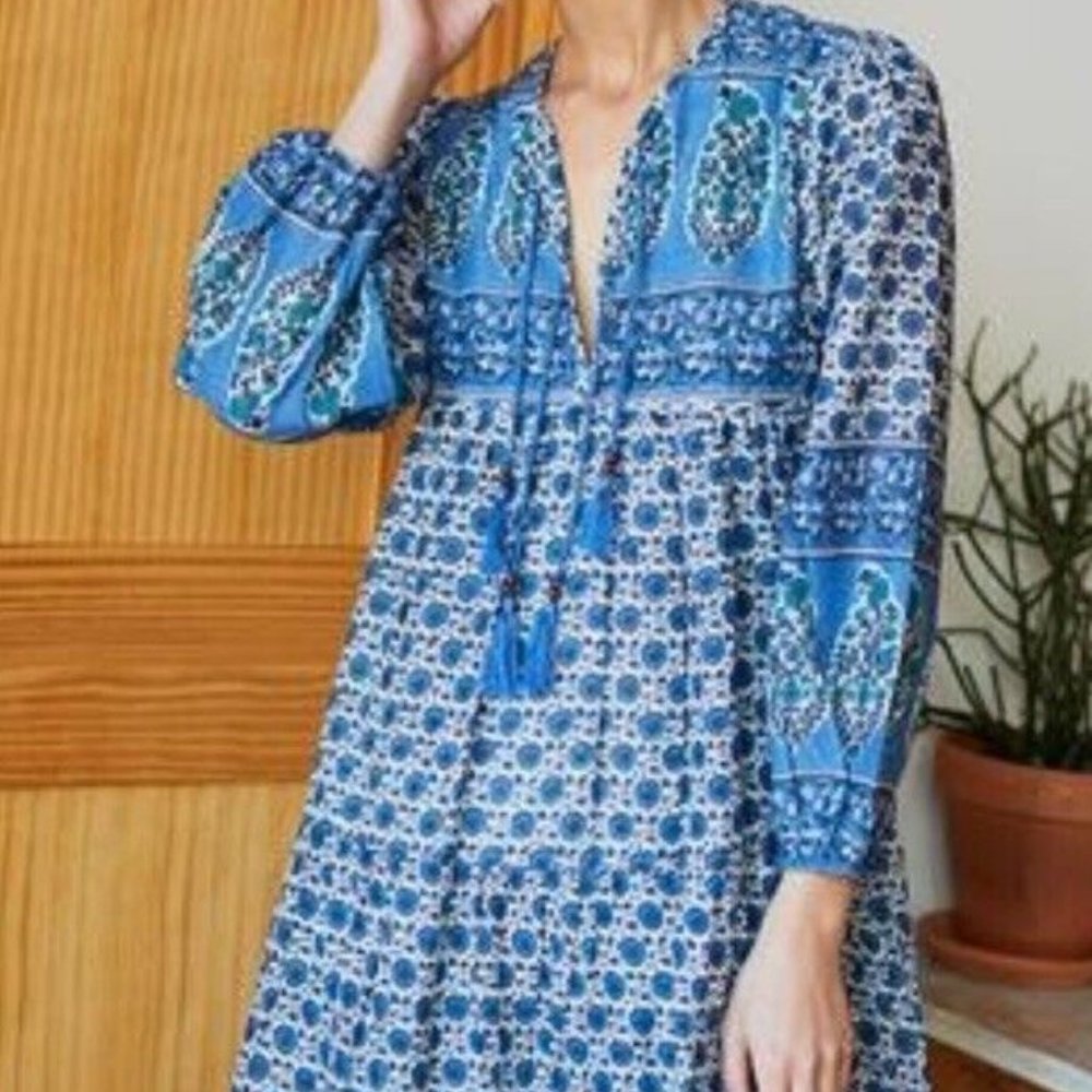 Emerson Fry India Collection Patricia Indigo Blockprint Midi Dress Size Large